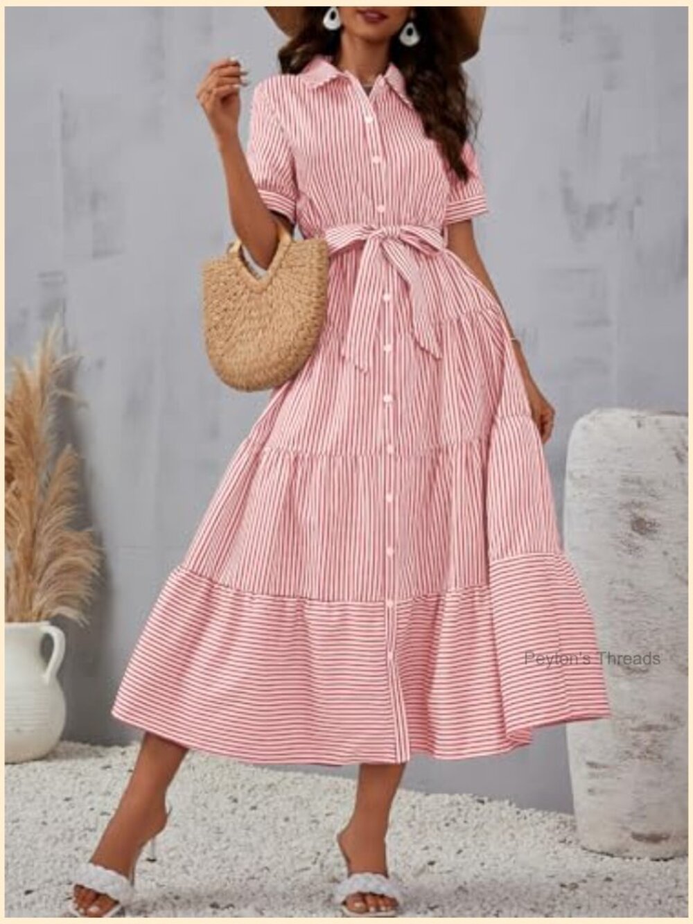 Women's Boho Striped Shirt Dress Button Down Belted Flowy A-Line Maxi Long Dress - Picture 2 of 5